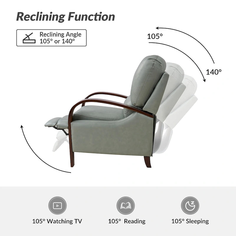 Alex Mid-century Modern Cigar Genuine Leather Manual Recliner with Wooden Curved Arms