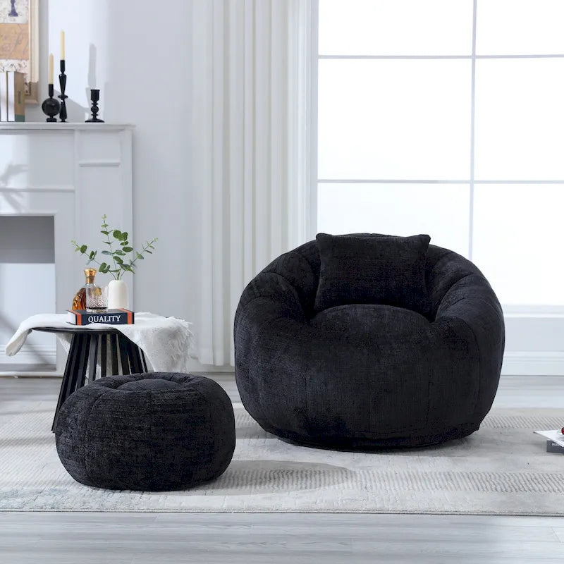 HOMEFUN Fauteuil poire rond en chenille, doux et confortable, avec pouf et oreiller