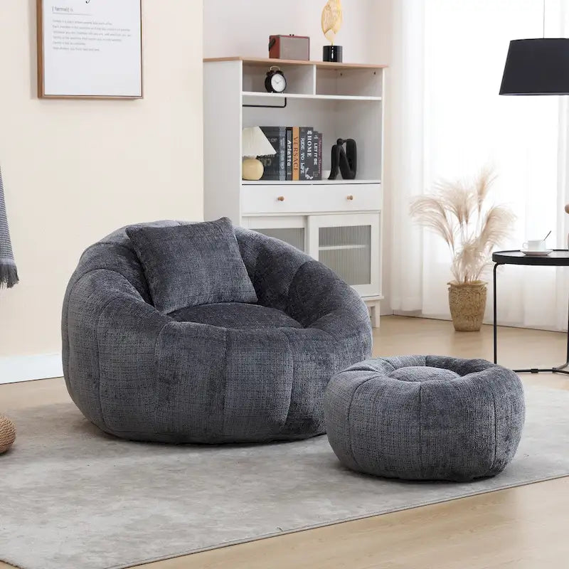 HOMEFUN Fauteuil poire rond en chenille, doux et confortable, avec pouf et oreiller