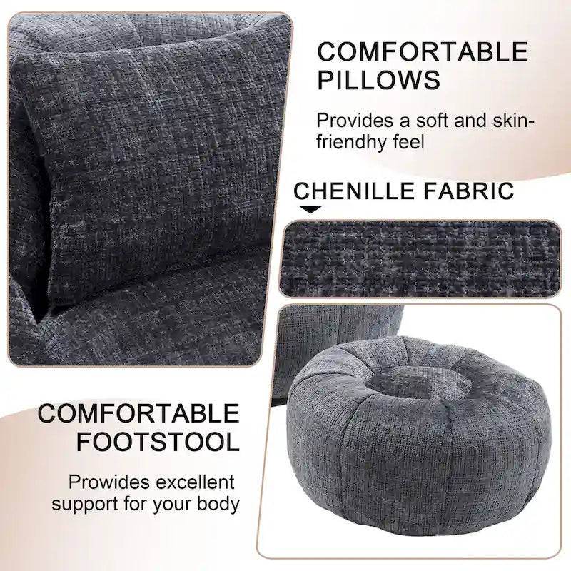 HOMEFUN Fauteuil poire rond en chenille, doux et confortable, avec pouf et oreiller