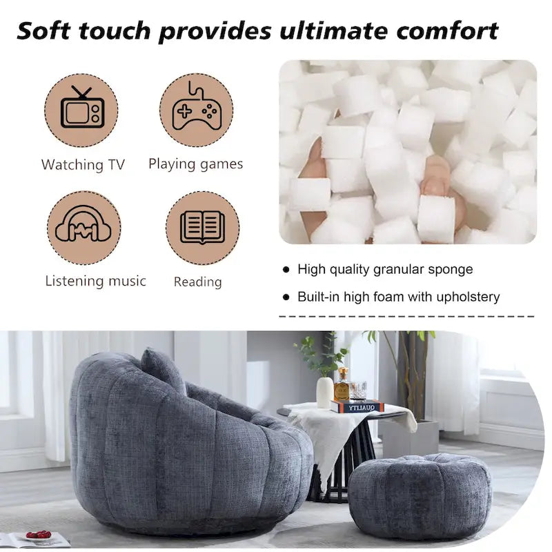 HOMEFUN Fauteuil poire rond en chenille, doux et confortable, avec pouf et oreiller