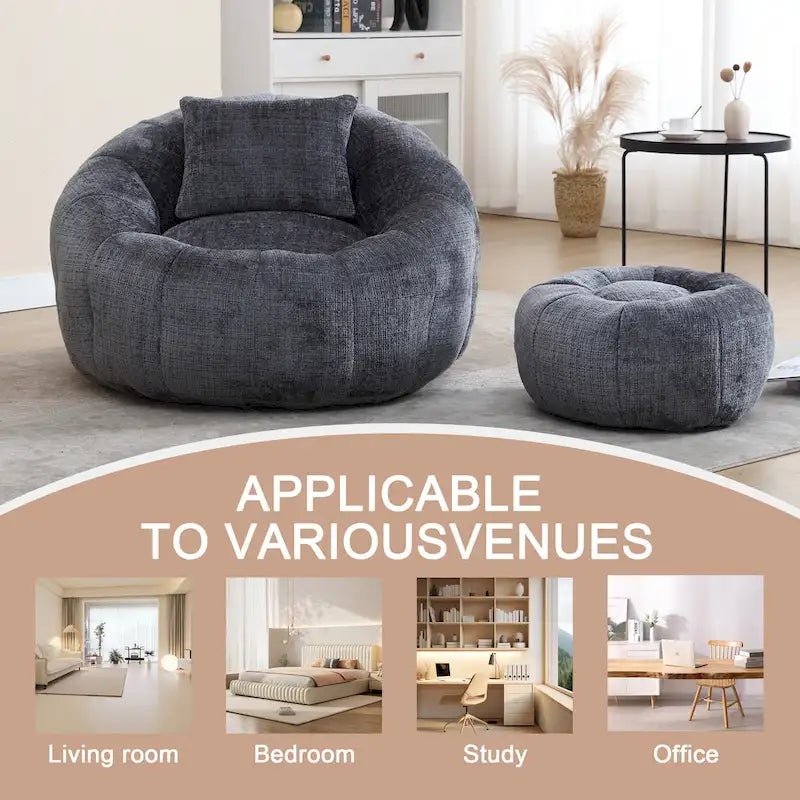 HOMEFUN Fauteuil poire rond en chenille, doux et confortable, avec pouf et oreiller