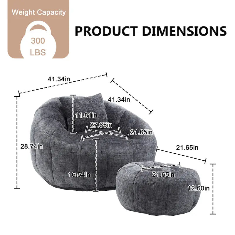 HOMEFUN Fauteuil poire rond en chenille, doux et confortable, avec pouf et oreiller