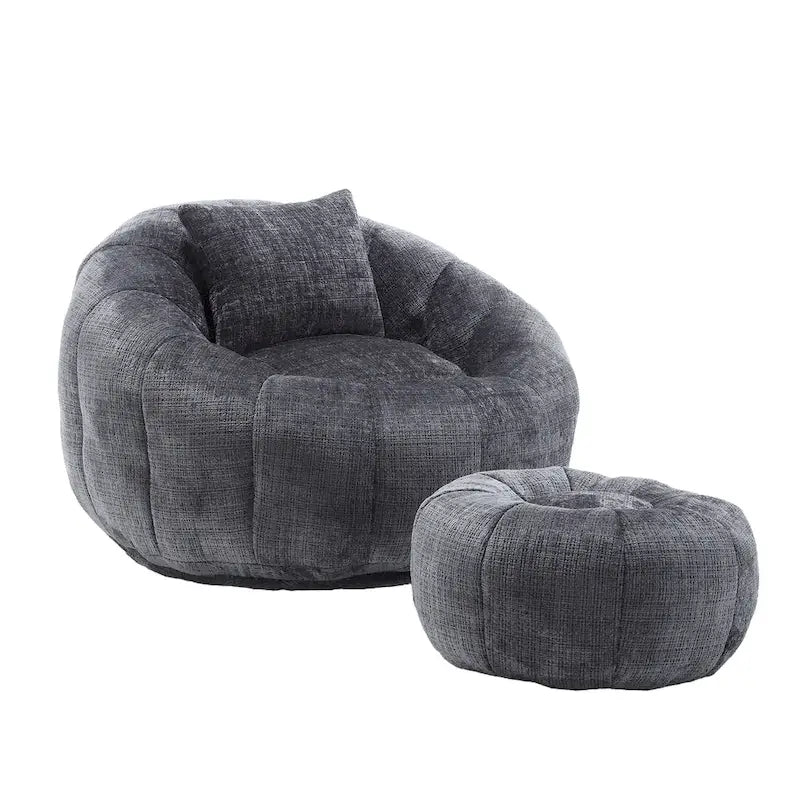 HOMEFUN Fauteuil poire rond en chenille, doux et confortable, avec pouf et oreiller