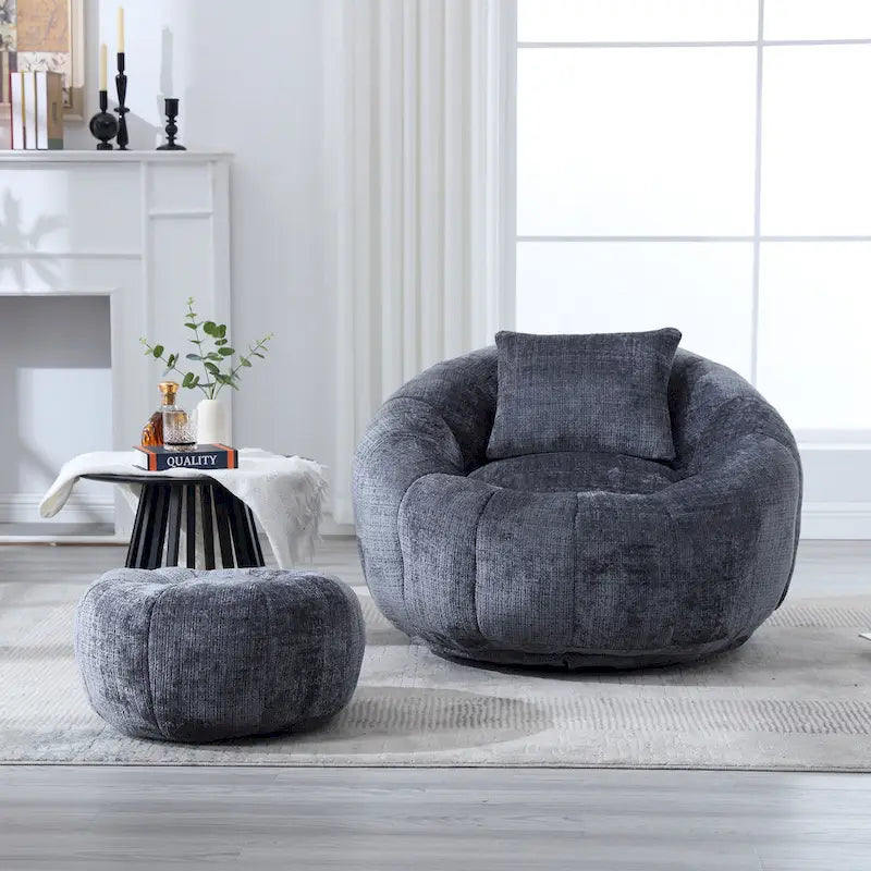 HOMEFUN Fauteuil poire rond en chenille, doux et confortable, avec pouf et oreiller