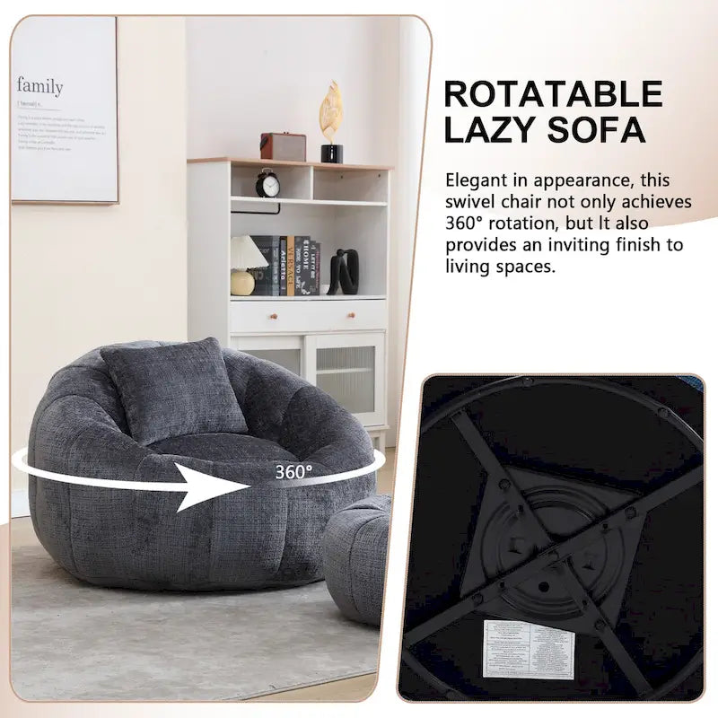 HOMEFUN Fauteuil poire rond en chenille, doux et confortable, avec pouf et oreiller