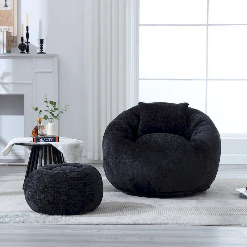 HOMEFUN Fauteuil poire rond en chenille, doux et confortable, avec pouf et oreiller