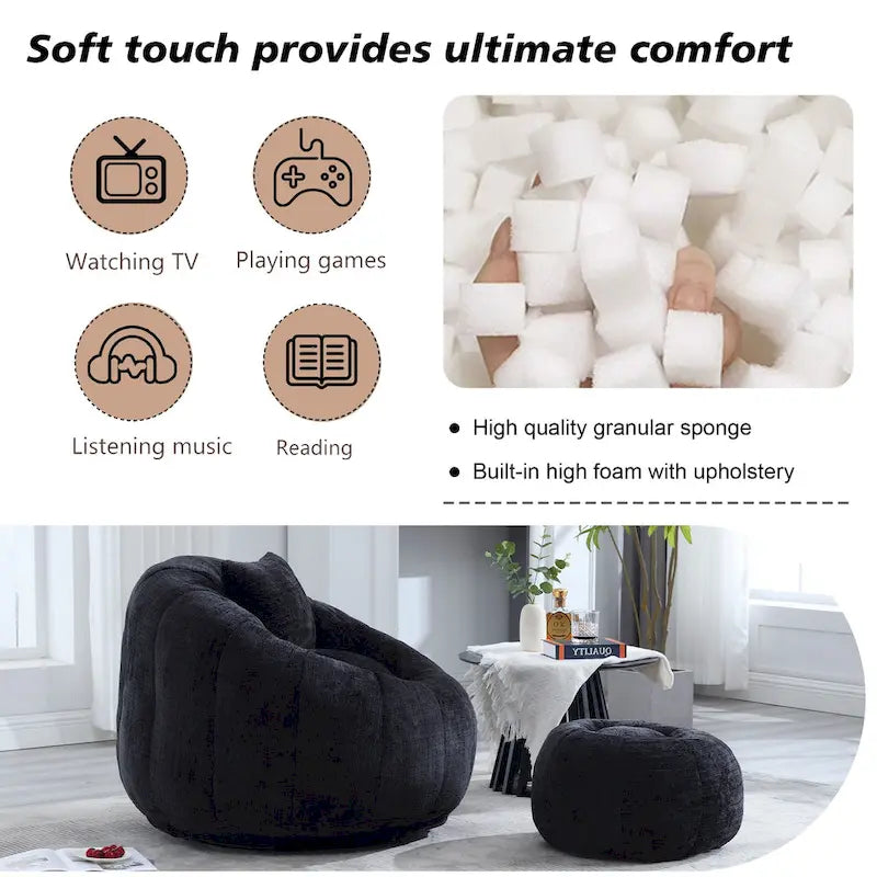 HOMEFUN Fauteuil poire rond en chenille, doux et confortable, avec pouf et oreiller