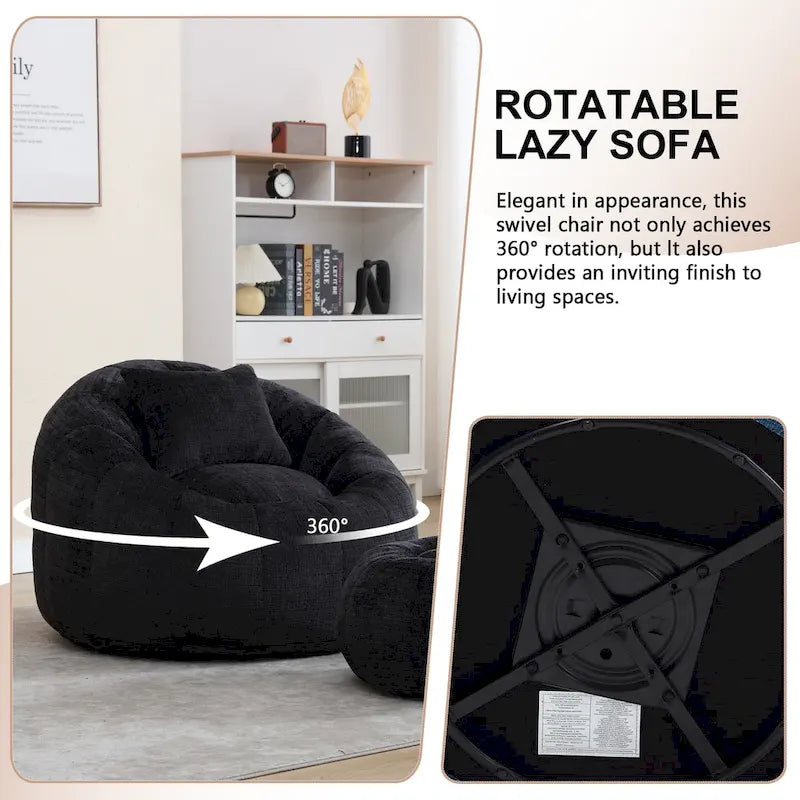 HOMEFUN Fauteuil poire rond en chenille, doux et confortable, avec pouf et oreiller