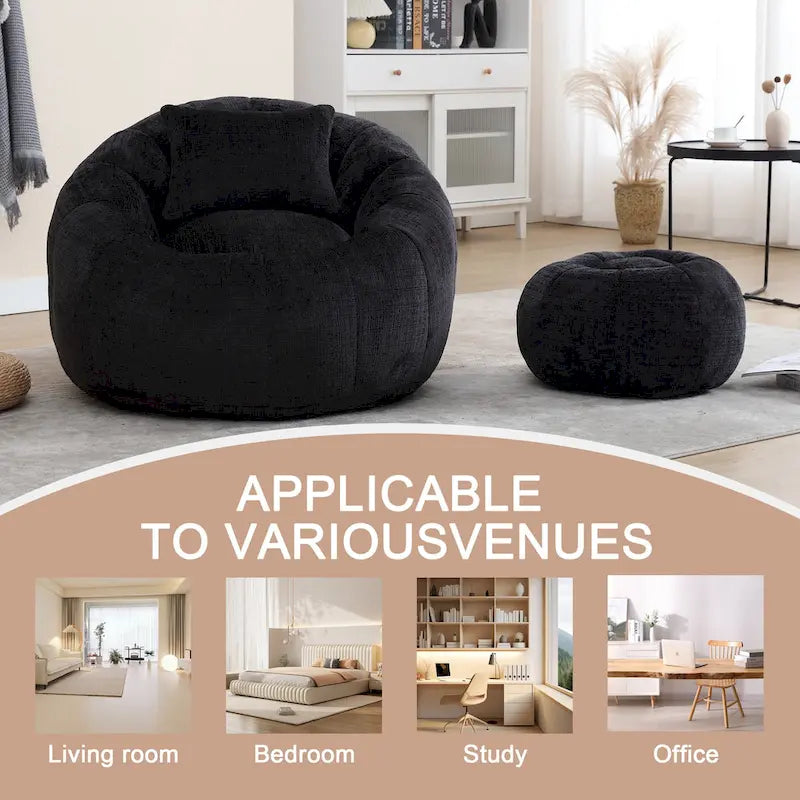 HOMEFUN Fauteuil poire rond en chenille, doux et confortable, avec pouf et oreiller