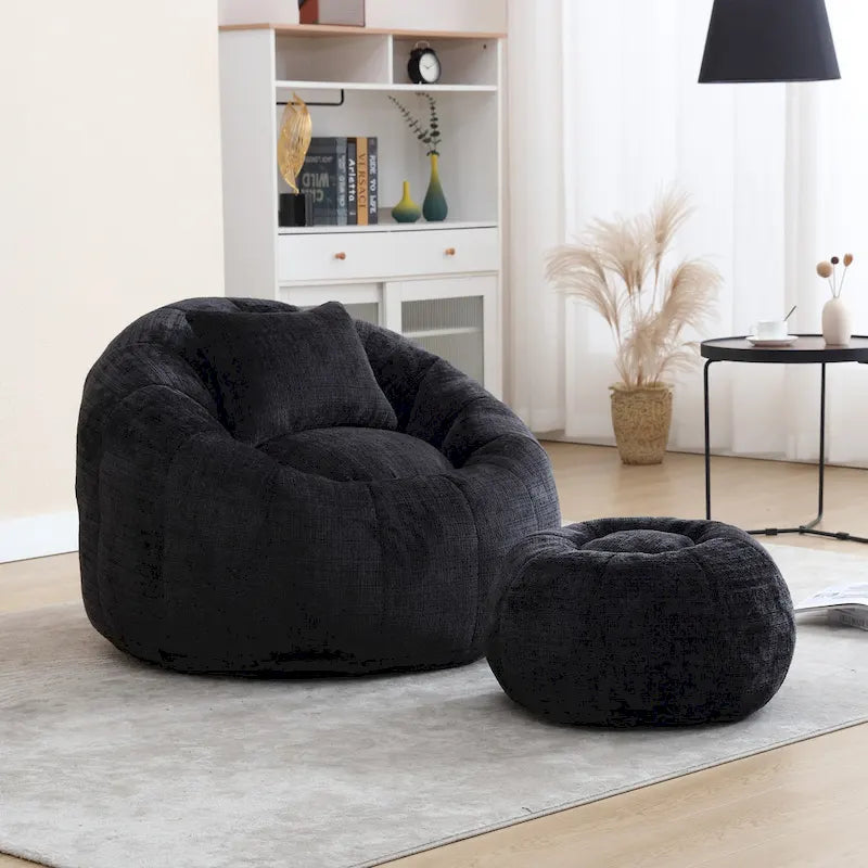 HOMEFUN Fauteuil poire rond en chenille, doux et confortable, avec pouf et oreiller