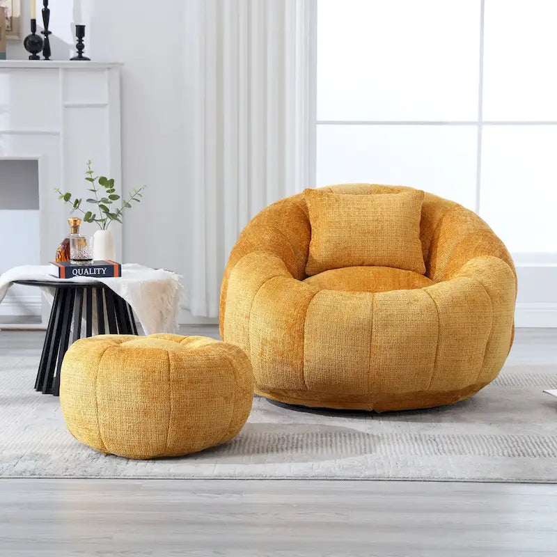 HOMEFUN Fauteuil poire rond en chenille, doux et confortable, avec pouf et oreiller