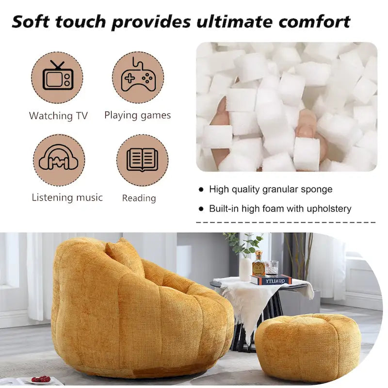 HOMEFUN Fauteuil poire rond en chenille, doux et confortable, avec pouf et oreiller
