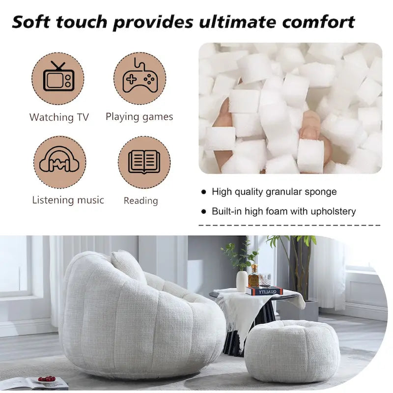 HOMEFUN Fauteuil poire rond en chenille, doux et confortable, avec pouf et oreiller