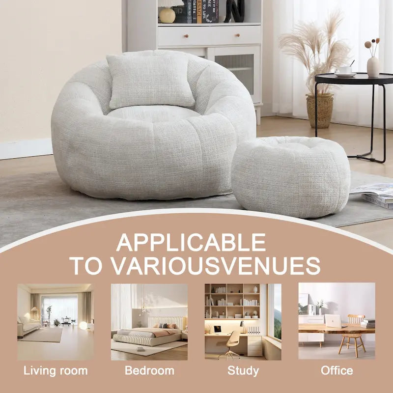 HOMEFUN Fauteuil poire rond en chenille, doux et confortable, avec pouf et oreiller