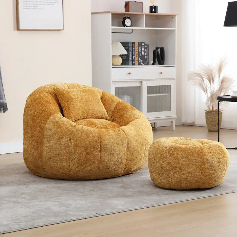 HOMEFUN Fauteuil poire rond en chenille, doux et confortable, avec pouf et oreiller
