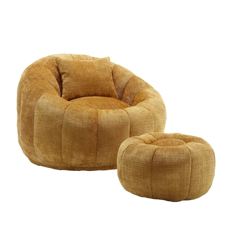 HOMEFUN Fauteuil poire rond en chenille, doux et confortable, avec pouf et oreiller