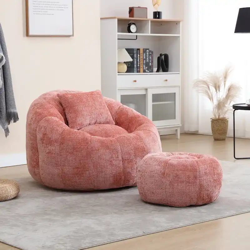 HOMEFUN Fauteuil poire rond en chenille, doux et confortable, avec pouf et oreiller