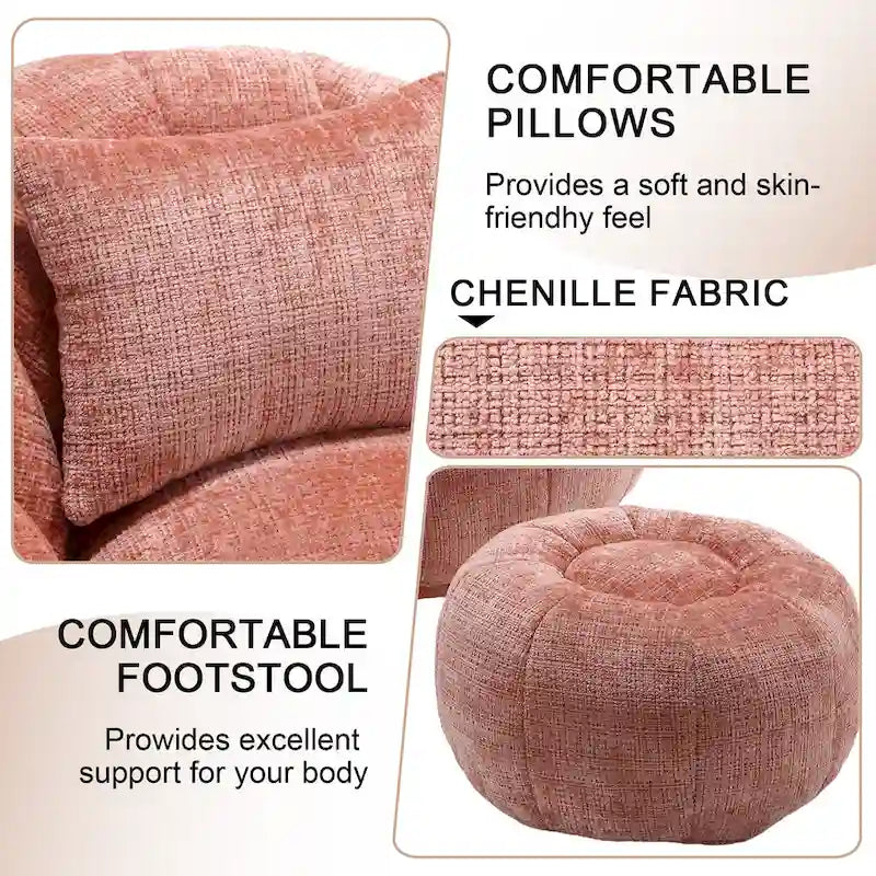 HOMEFUN Fauteuil poire rond en chenille, doux et confortable, avec pouf et oreiller