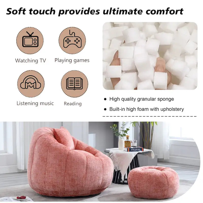 HOMEFUN Fauteuil poire rond en chenille, doux et confortable, avec pouf et oreiller