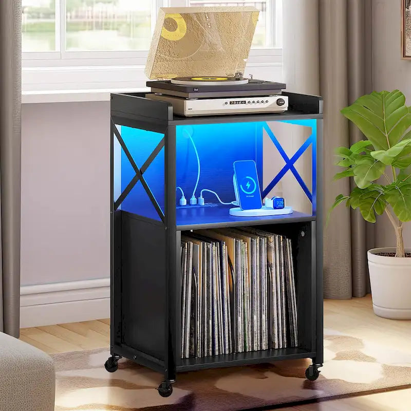 Moasis Record Player Turntable Stand Wheeled with LED Light, Charging Station