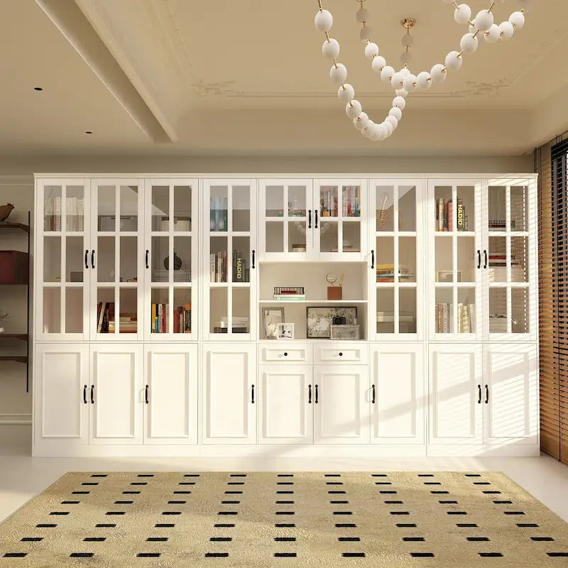 Buffet combiné 78,7H avec vaisselier, bibliothèque, vitrine, portes vitrées, blanc
