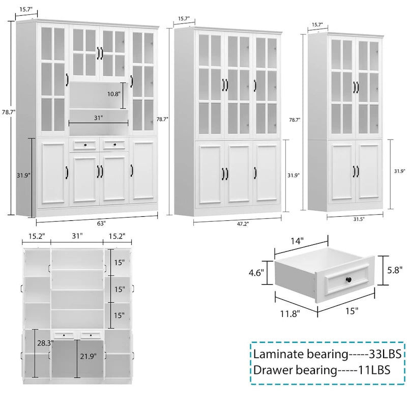 Buffet combiné 78,7H avec vaisselier, bibliothèque, vitrine, portes vitrées, blanc
