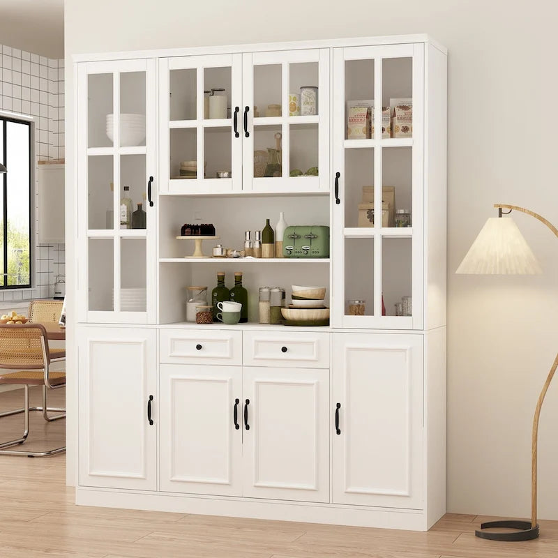 Buffet combiné 78,7H avec vaisselier, bibliothèque, vitrine, portes vitrées, blanc