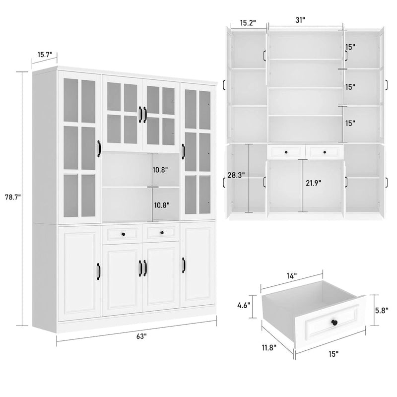 Buffet combiné 78,7H avec vaisselier, bibliothèque, vitrine, portes vitrées, blanc