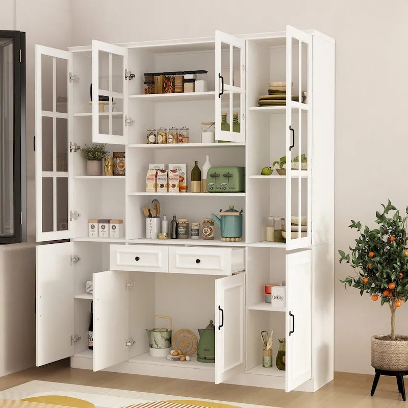Buffet combiné 78,7H avec vaisselier, bibliothèque, vitrine, portes vitrées, blanc