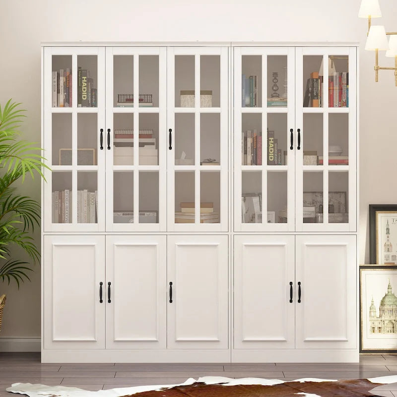 Buffet combiné 78,7H avec vaisselier, bibliothèque, vitrine, portes vitrées, blanc