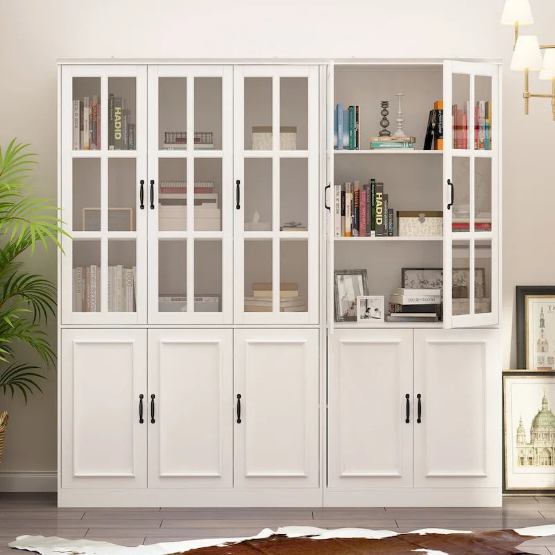 Buffet combiné 78,7H avec vaisselier, bibliothèque, vitrine, portes vitrées, blanc