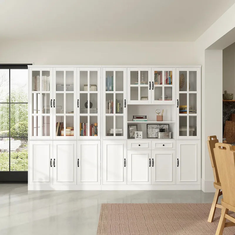 Buffet combiné 78,7H avec vaisselier, bibliothèque, vitrine, portes vitrées, blanc