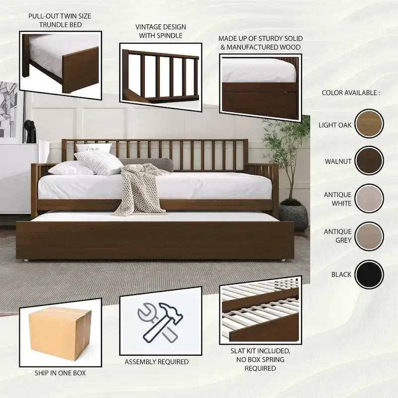 Lit de repos classique en bois de taille double CraftPorch avec lit gigogne