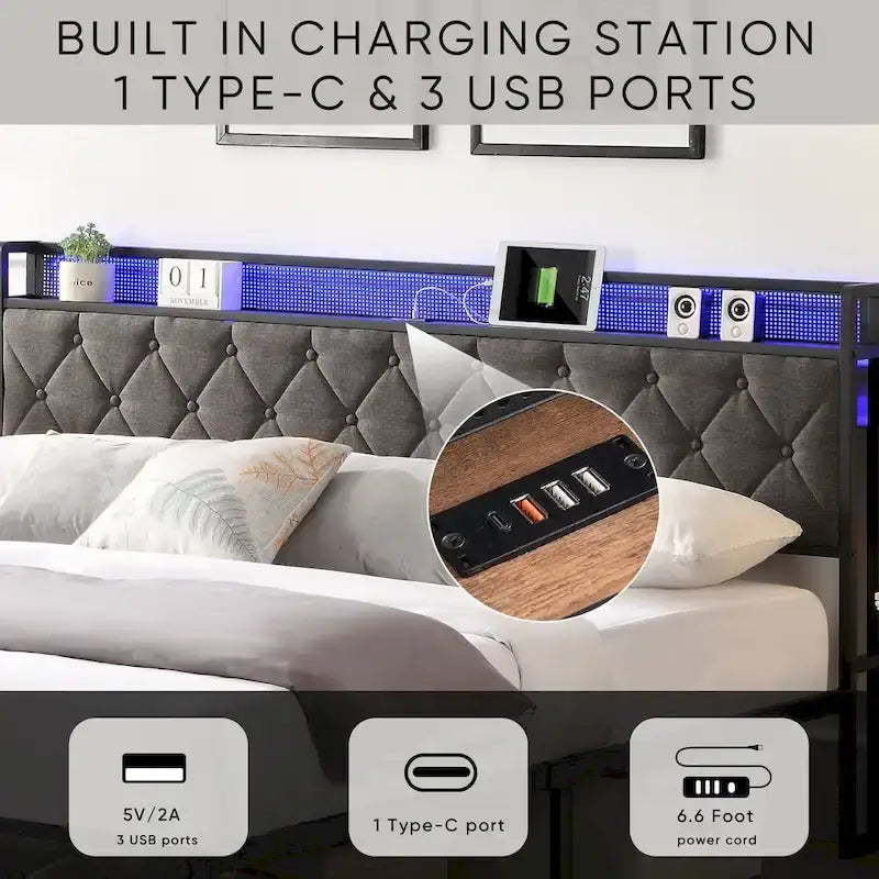 King Bed Frame with Storage Headboard, Charging Station LED Lights, Upholstered Platform Bed Metal Slats, No Box Spring Needed