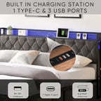 King Bed Frame with Storage Headboard, Charging Station LED Lights, Upholstered Platform Bed Metal Slats, No Box Spring Needed