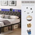 King Bed Frame with Storage Headboard, Charging Station LED Lights, Upholstered Platform Bed Metal Slats, No Box Spring Needed