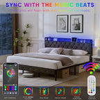 King Bed Frame with Storage Headboard, Charging Station LED Lights, Upholstered Platform Bed Metal Slats, No Box Spring Needed