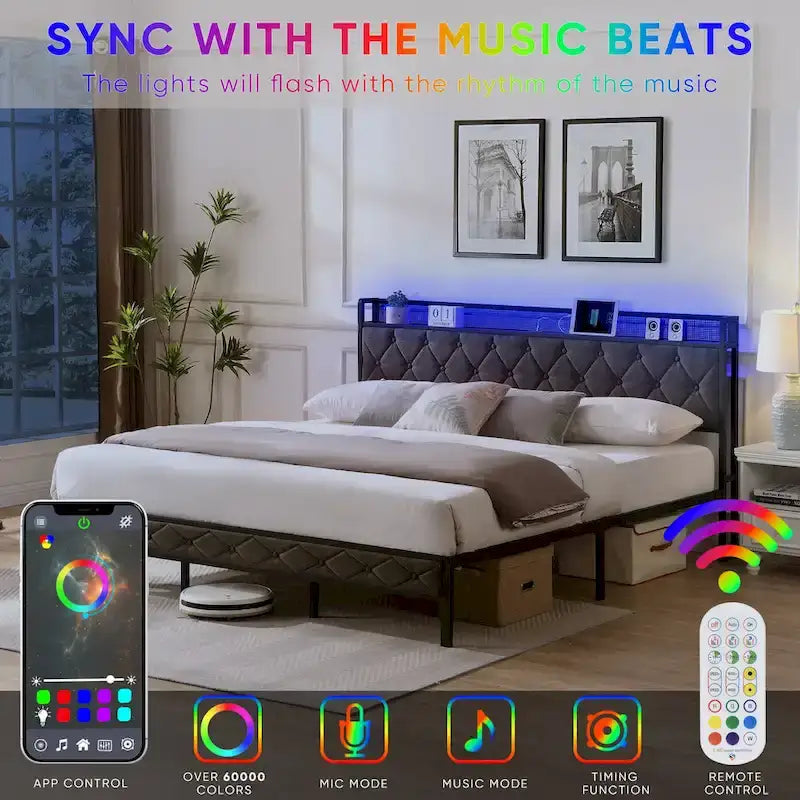 King Bed Frame with Storage Headboard, Charging Station LED Lights, Upholstered Platform Bed Metal Slats, No Box Spring Needed