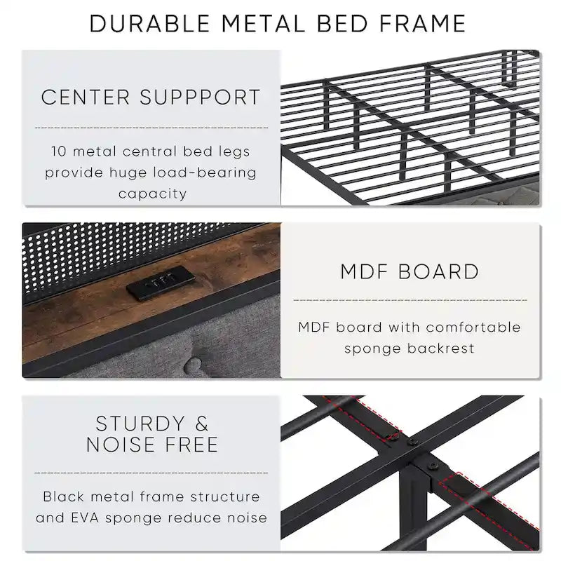 King Bed Frame with Storage Headboard, Charging Station LED Lights, Upholstered Platform Bed Metal Slats, No Box Spring Needed