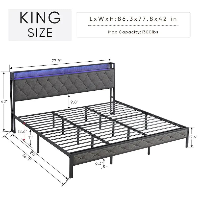 King Bed Frame with Storage Headboard, Charging Station LED Lights, Upholstered Platform Bed Metal Slats, No Box Spring Needed