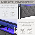 King Bed Frame with Storage Headboard, Charging Station LED Lights, Upholstered Platform Bed Metal Slats, No Box Spring Needed
