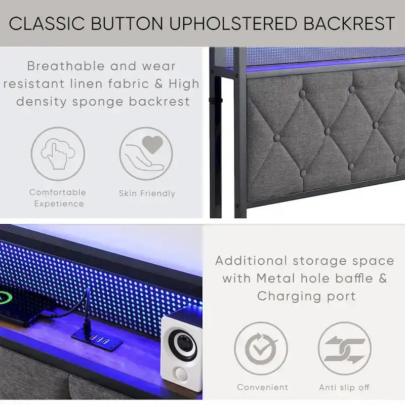 King Bed Frame with Storage Headboard, Charging Station LED Lights, Upholstered Platform Bed Metal Slats, No Box Spring Needed