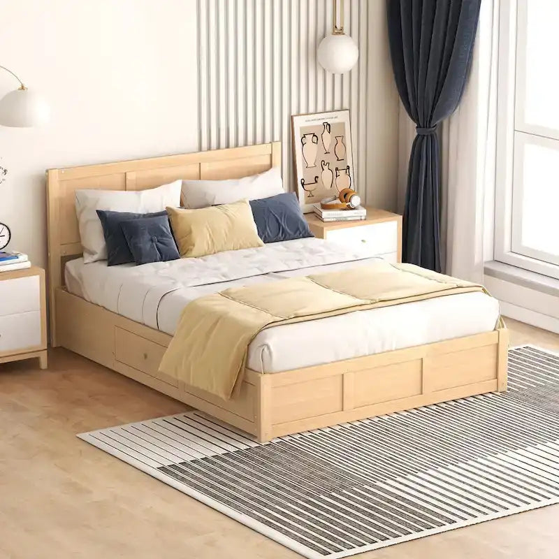 Wood Platform Bed with Underneath Storage and 2 Drawers