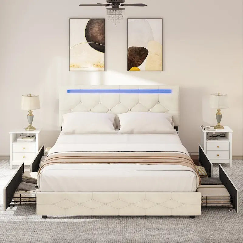 Lit plateforme Queen réglable avec tête de lit capitonnée et cadre de lit LED avec 4 tiroirs de rangement