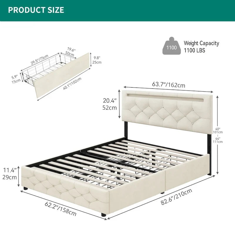 Lit plateforme Queen réglable avec tête de lit capitonnée et cadre de lit LED avec 4 tiroirs de rangement