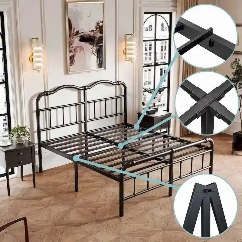 Cadre de lit anti-basculement robuste de 14 pouces avec tête de lit artistique ondulée, pas besoin de sommier tapissier
