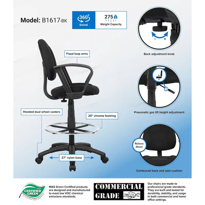 Boss Adjustable Black Loop Arm Drafting Stool with Wheel Casters