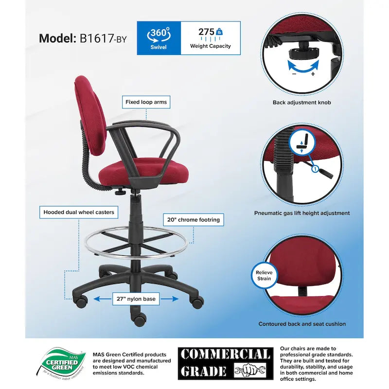Boss Adjustable Black Loop Arm Drafting Stool with Wheel Casters