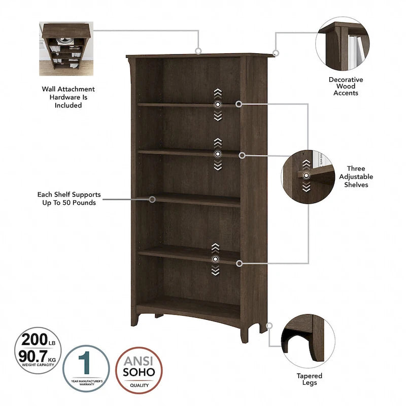 Salinas 60W L Desk with Hutch, Cabinet and Bookcase by Bush Furniture